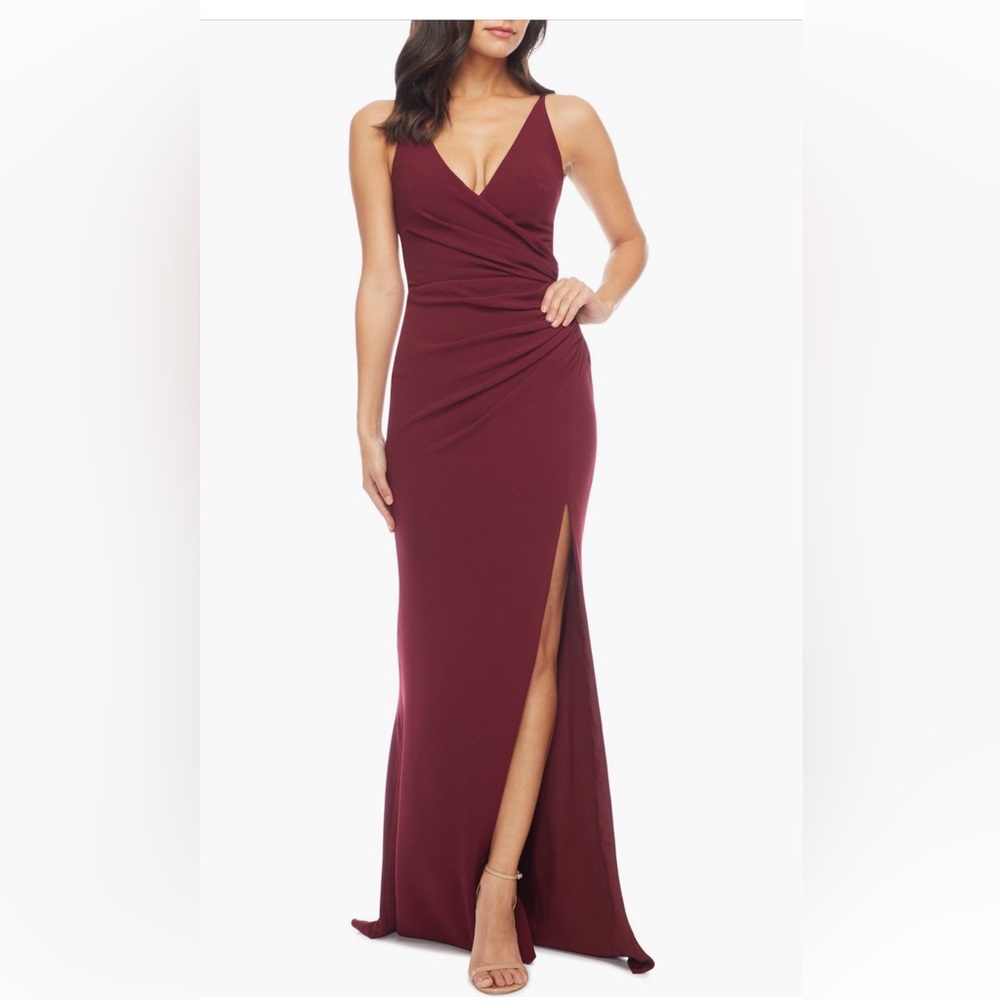 Dress the Population Burgundy Jordan Ruched Side Slit Gown
